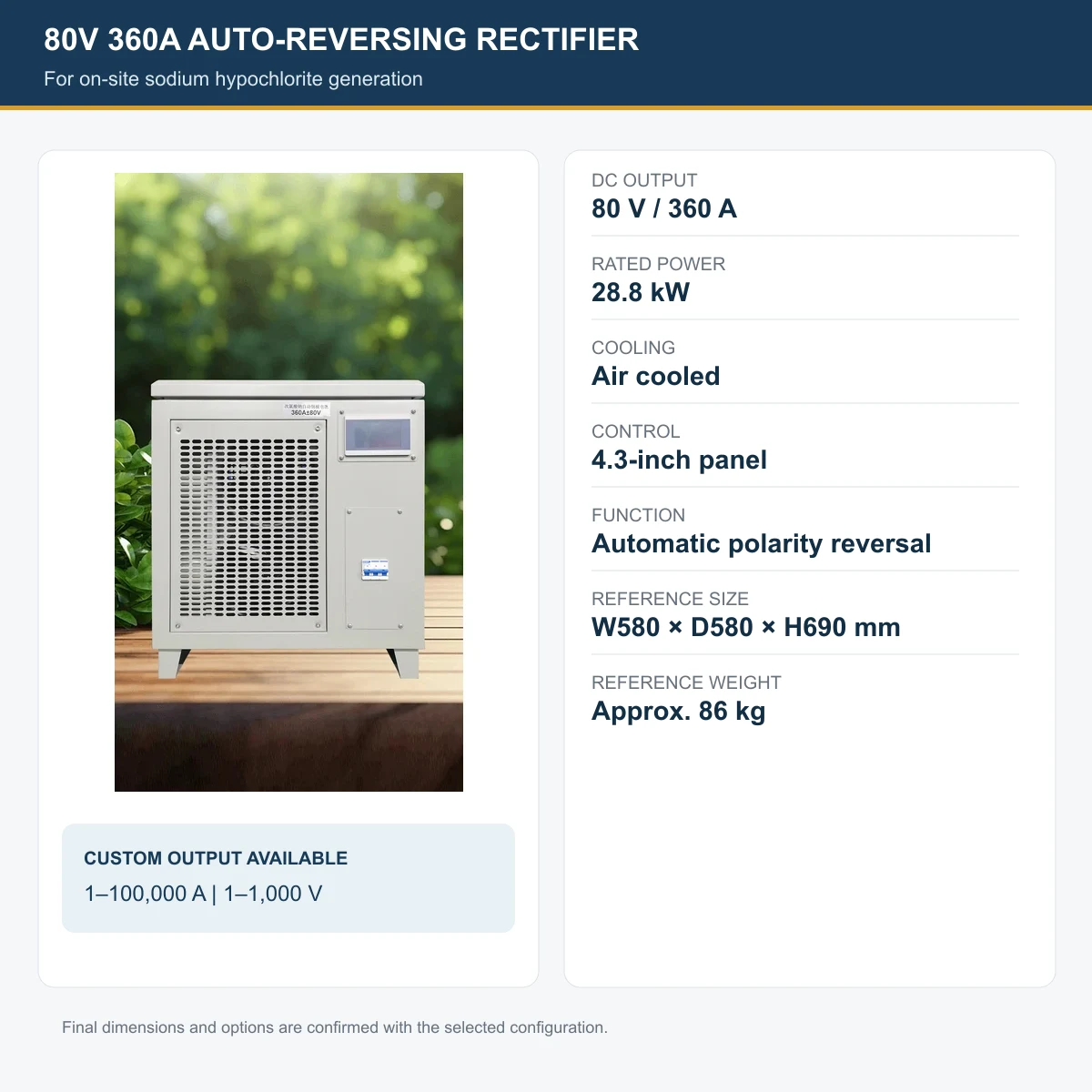 80V 360A auto-reversing sodium hypochlorite rectifier