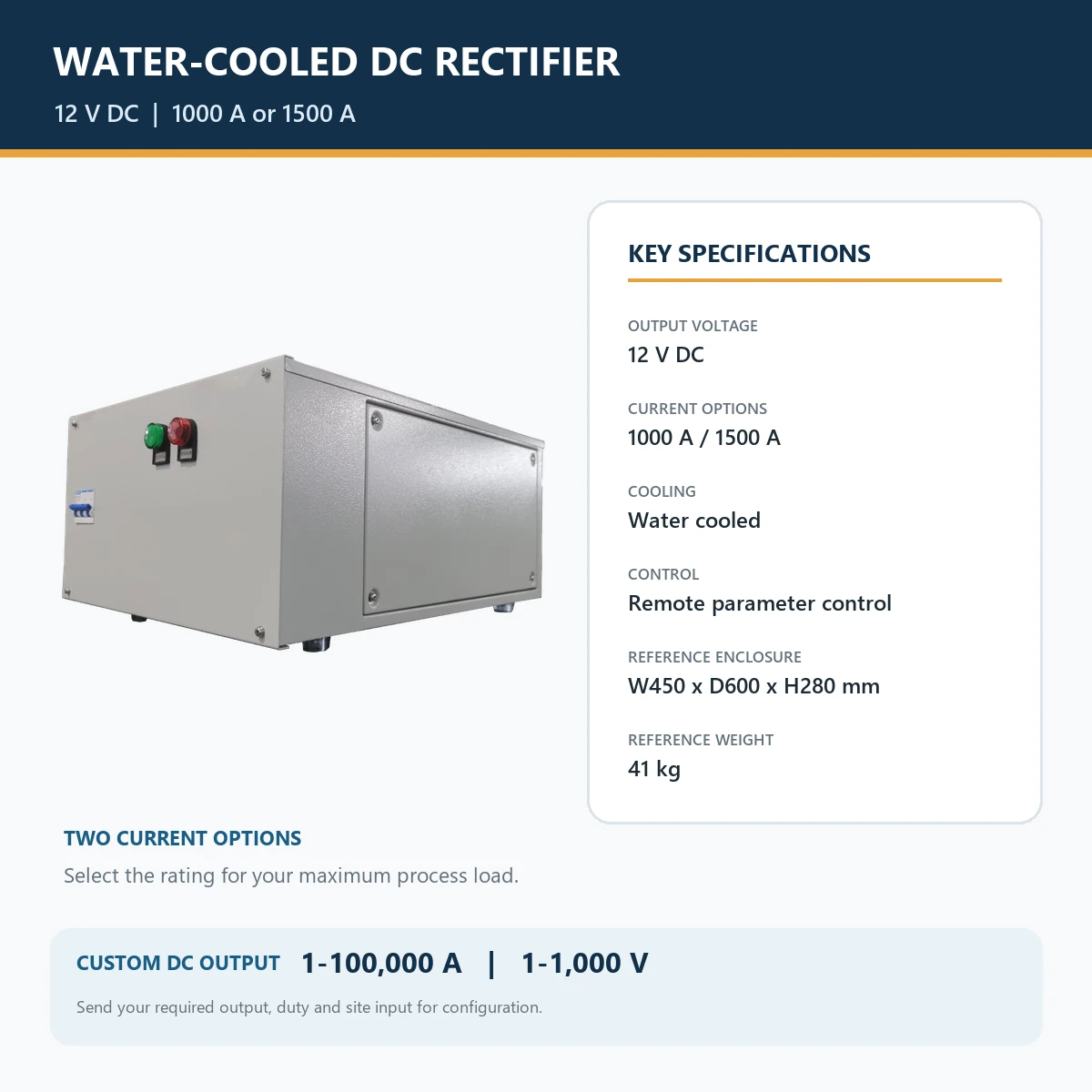 12V 1000A 1500A water-cooled rectifier key specifications