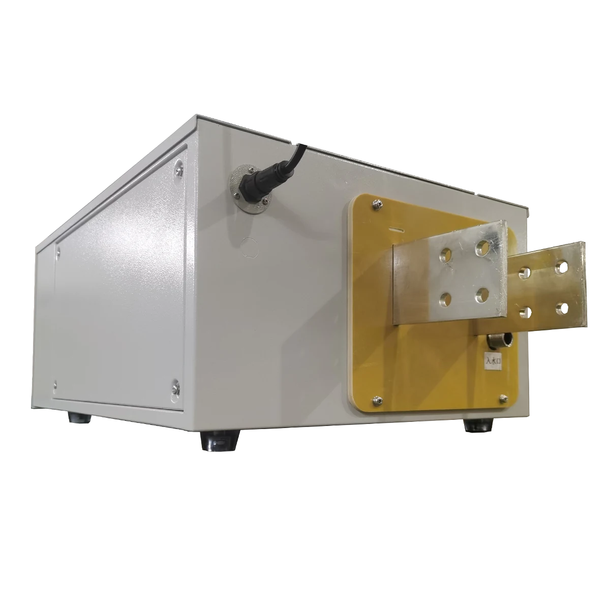 Copper output terminals on a water-cooled high-current DC rectifier