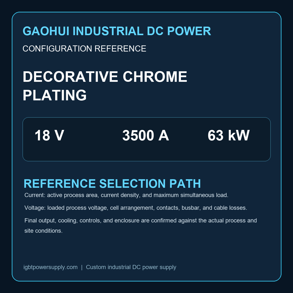 18V 3500A Decorative Chrome Plating Rectifier selection reference showing voltage, current and process inputs